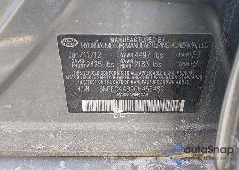 2012 Hyundai Sonata Se 2.0T из США, поврежденный, VIN 5NPEC4AB9CH452489